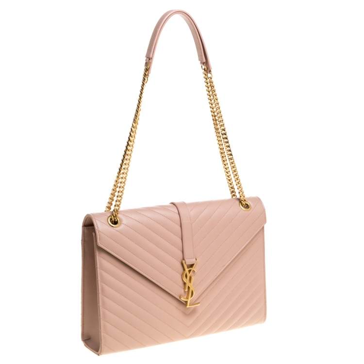 Pre Owned Saint Laurent Peach Matelasse Leather Large Cassandre Flap Bag