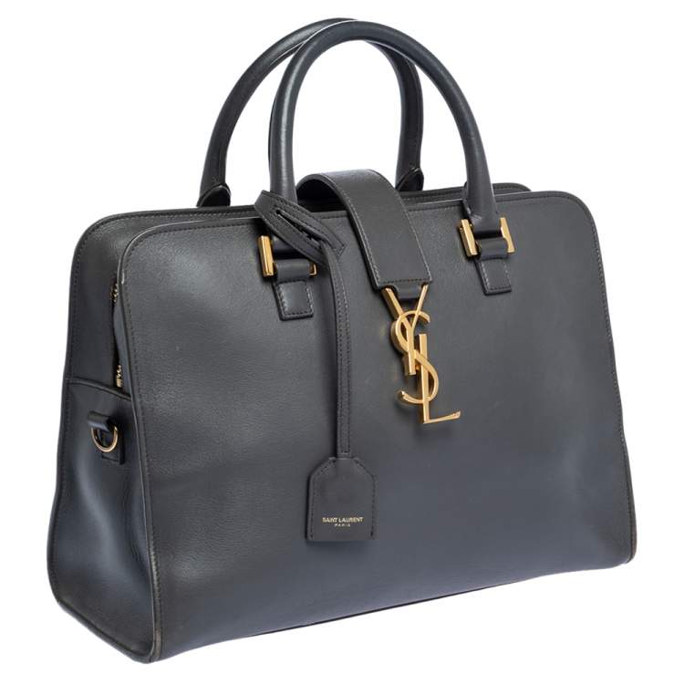 Pre Owned Saint Laurent Dark Grey Leather Small Cabas Chyc Tote