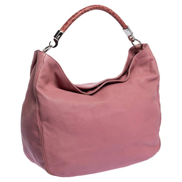 Pre Owned Yves Saint Laurent Pink Leather and Crocodile Large Roady Hobo