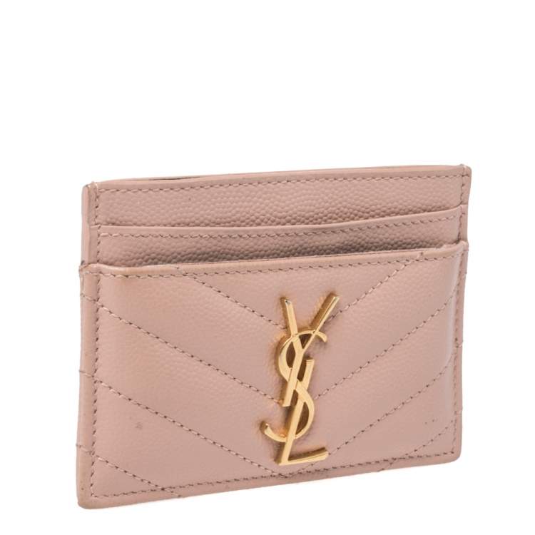 Pre Owned Saint Laurent Beige Matelasse Leather Monogram Card Holder