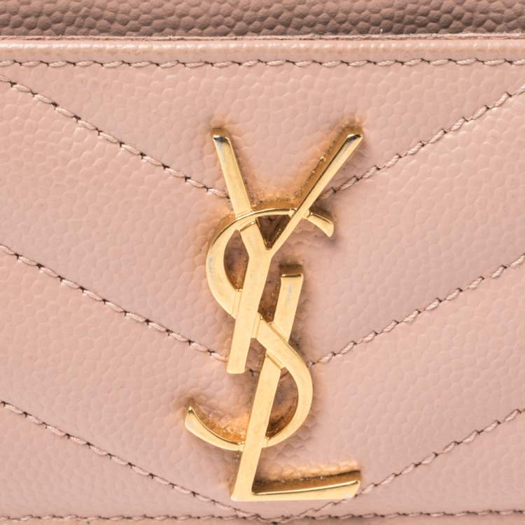 Pre Owned Saint Laurent Beige Matelasse Leather Monogram Card Holder