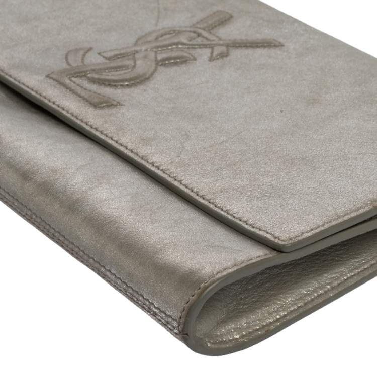 Pre Owned Saint Laurent Metallic Silver Leather Belle De Jour Flap Clutch