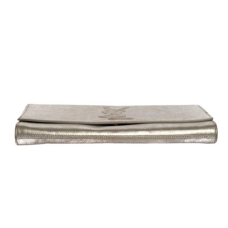 Pre Owned Saint Laurent Metallic Silver Leather Belle De Jour Flap Clutch