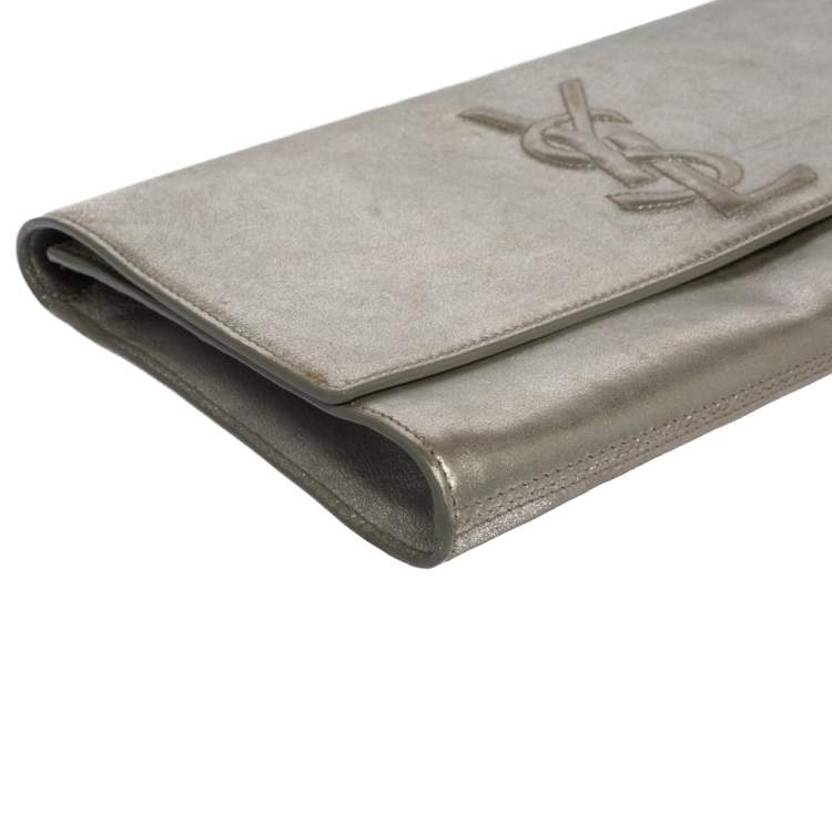 Pre Owned Saint Laurent Metallic Silver Leather Belle De Jour Flap Clutch