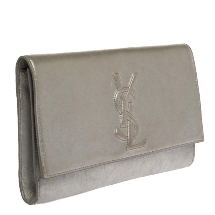 Pre Owned Saint Laurent Metallic Silver Leather Belle De Jour Flap Clutch