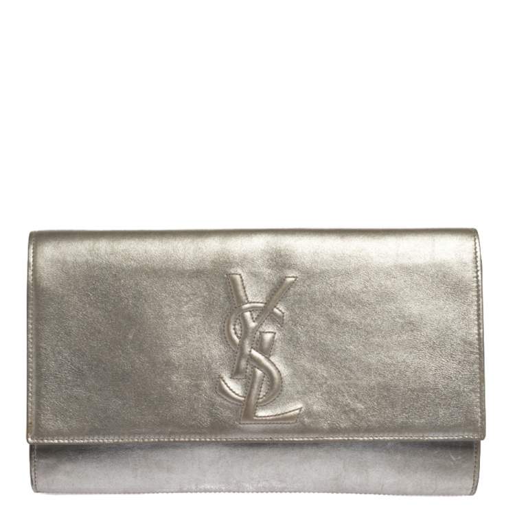 Pre Owned Saint Laurent Metallic Silver Leather Belle De Jour Flap Clutch
