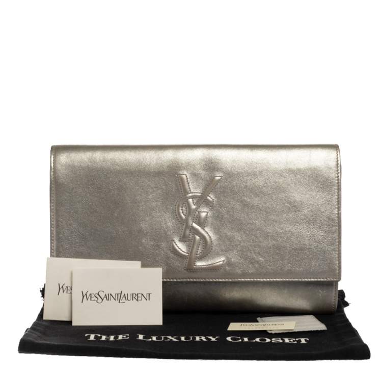 Pre Owned Saint Laurent Metallic Silver Leather Belle De Jour Flap Clutch
