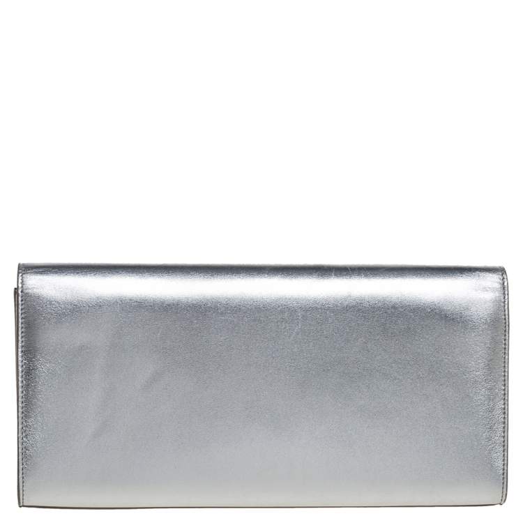 Pre Owned Saint Laurent Metallic Silver Leather Kate Monogram Clutch