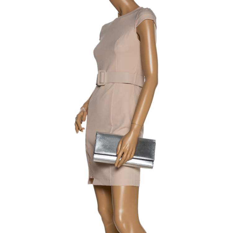 Pre Owned Saint Laurent Metallic Silver Leather Kate Monogram Clutch