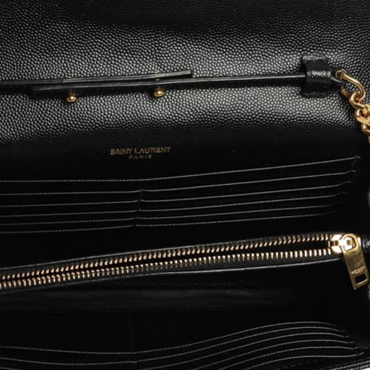 Pre Owned Saint Laurent Black Matelasse Leather Monogram Envelope Wallet on Chain