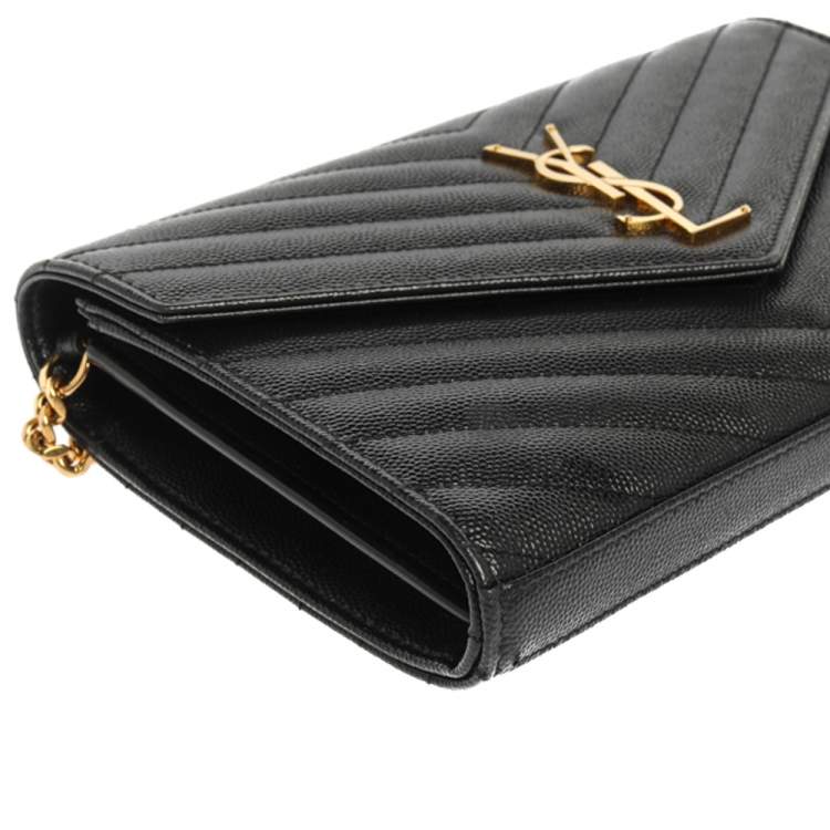 Pre Owned Saint Laurent Black Matelasse Leather Monogram Envelope Wallet on Chain