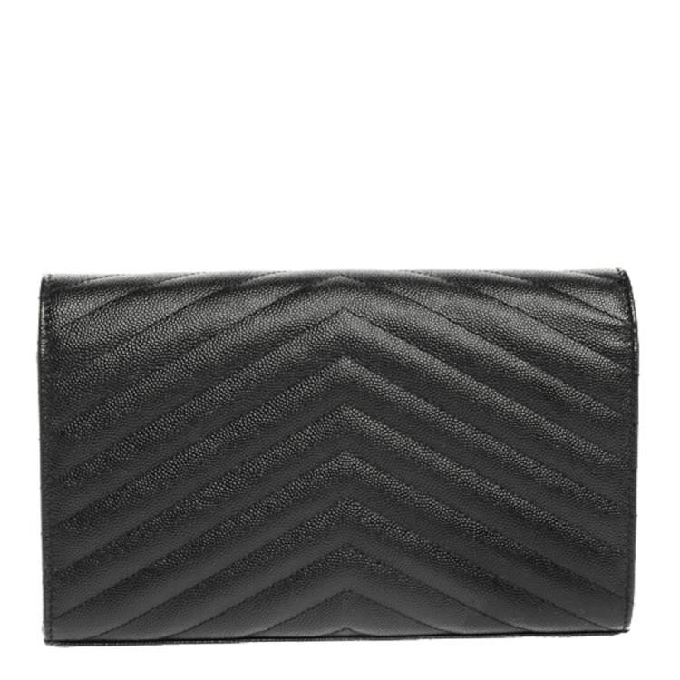 Pre Owned Saint Laurent Black Matelasse Leather Monogram Envelope Wallet on Chain