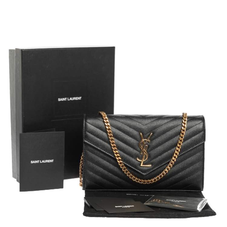 Pre Owned Saint Laurent Black Matelasse Leather Monogram Envelope Wallet on Chain
