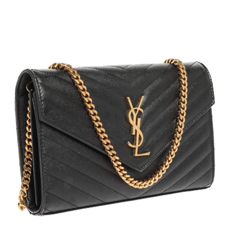 Pre Owned Saint Laurent Black Matelasse Leather Monogram Envelope Wallet on Chain