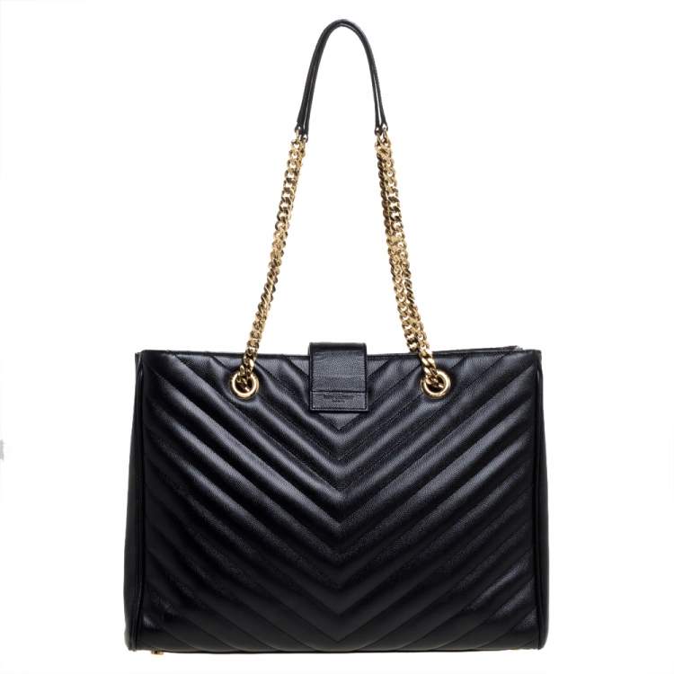 Pre Owned Saint Laurent Black Matelasse Leather Cassandre Shopper Tote