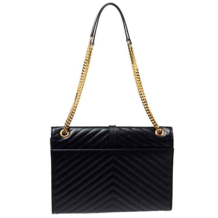Pre Owned Saint Laurent Black Chevron Quilted Leather Monogram Envelope Shoulder Bag
