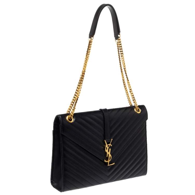 Pre Owned Saint Laurent Black Chevron Quilted Leather Monogram Envelope Shoulder Bag