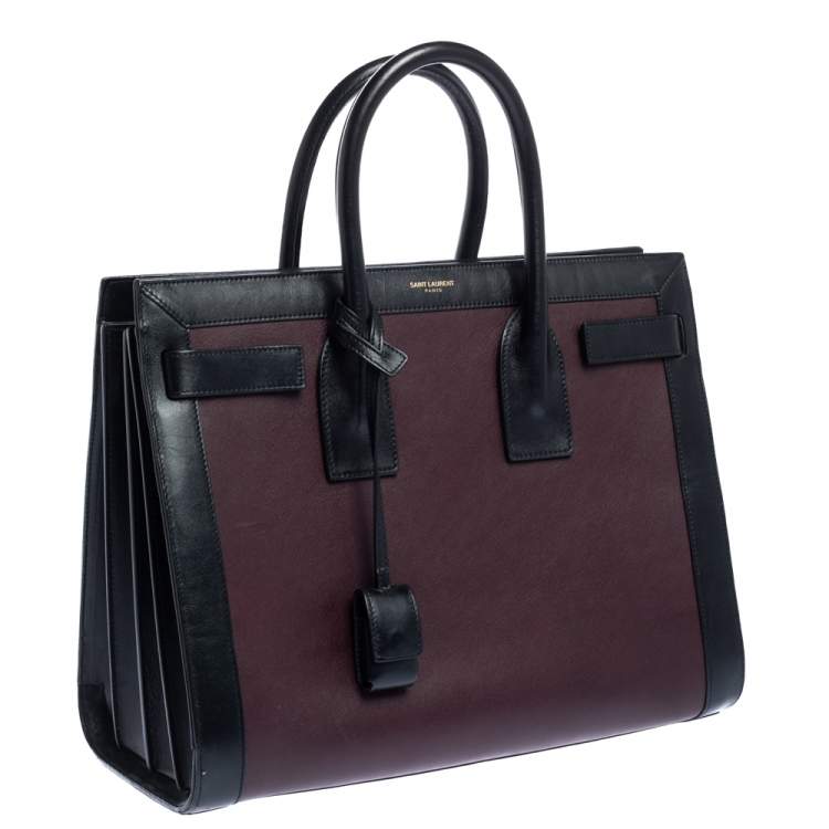 Pre Owned Saint Laurent Burgundy/Black Leather Small Classic Sac De Jour Tote
