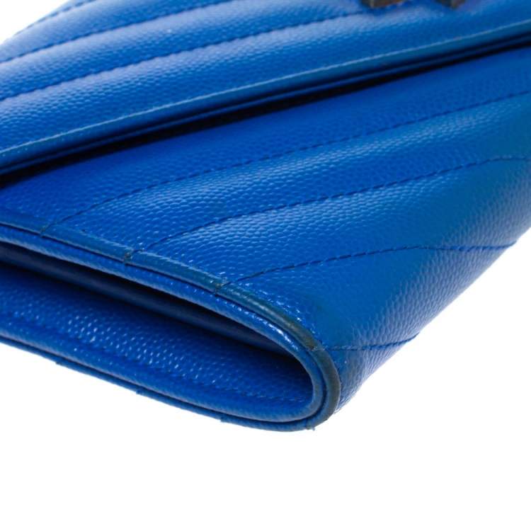 Pre Owned Saint Laurent Blue Matelassé Leather Monogram Flap Wallet
