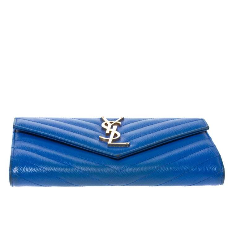 Pre Owned Saint Laurent Blue Matelassé Leather Monogram Flap Wallet