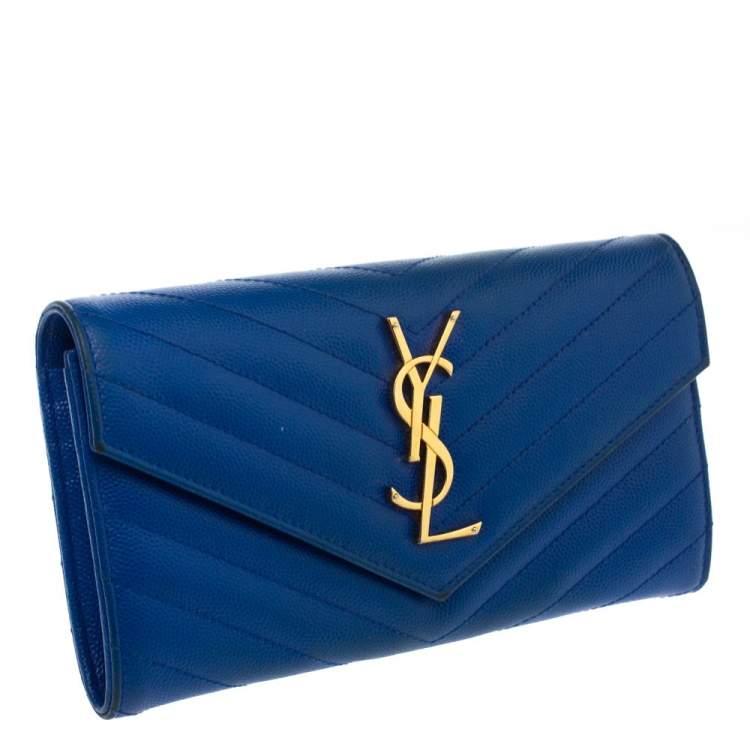 Pre Owned Saint Laurent Blue Matelassé Leather Monogram Flap Wallet