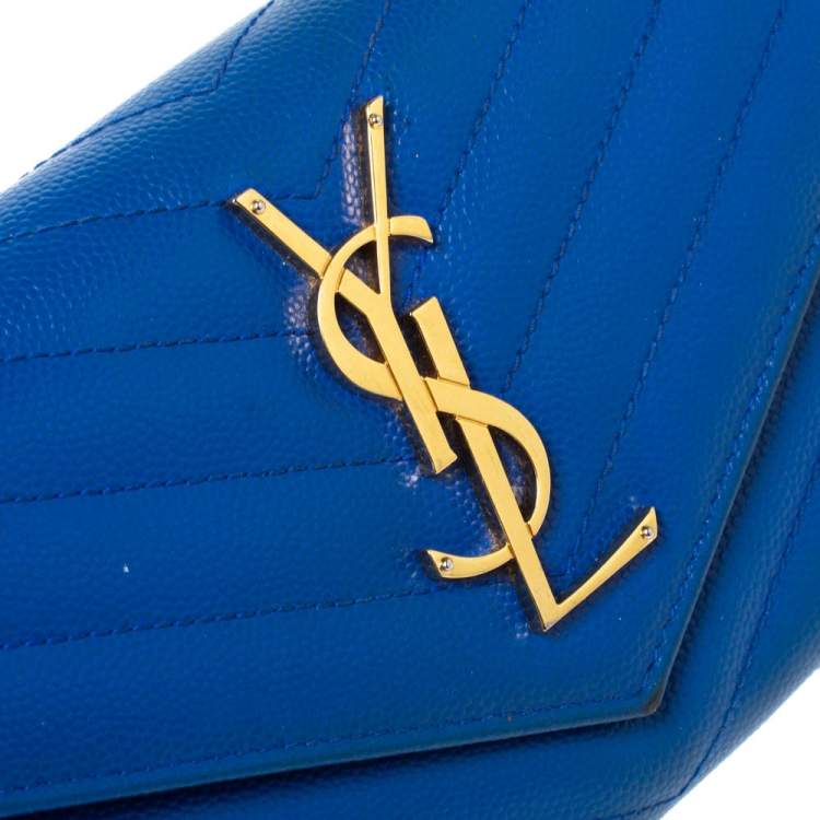 Pre Owned Saint Laurent Blue Matelassé Leather Monogram Flap Wallet