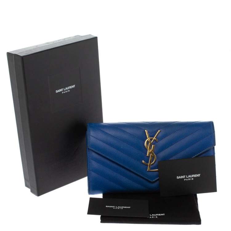 Pre Owned Saint Laurent Blue Matelassé Leather Monogram Flap Wallet