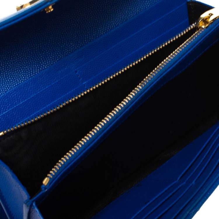 Pre Owned Saint Laurent Blue Matelassé Leather Monogram Flap Wallet