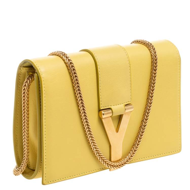 مملوكة مسبقًا Saint Laurent Yellow Leather Y-Ligne Wallet on Chain