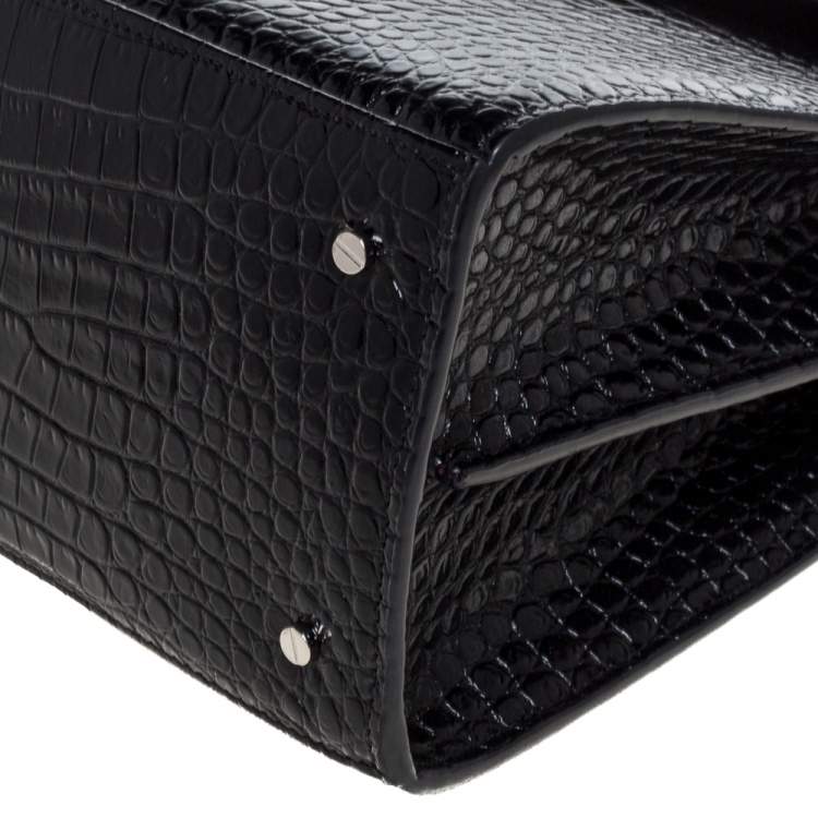 Pre Owned Saint Laurent Black Croc Embossed Leather Cassandra Top Handle Bag
