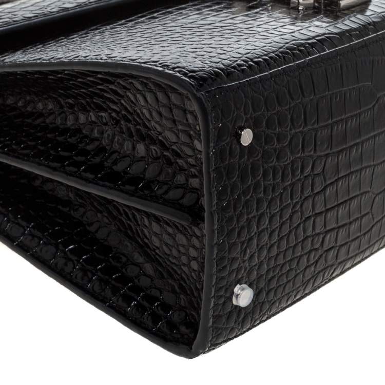 Pre Owned Saint Laurent Black Croc Embossed Leather Cassandra Top Handle Bag