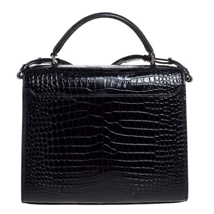 Pre Owned Saint Laurent Black Croc Embossed Leather Cassandra Top Handle Bag