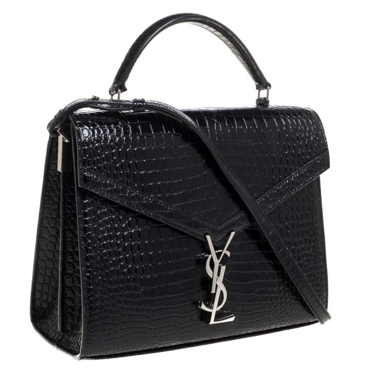 Pre Owned Saint Laurent Black Croc Embossed Leather Cassandra Top Handle Bag