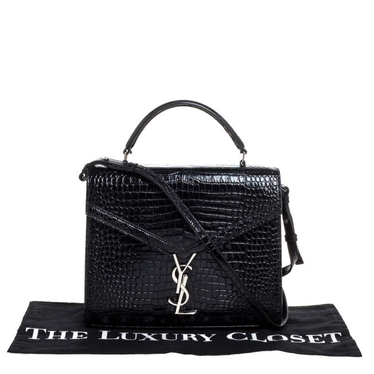 Pre Owned Saint Laurent Black Croc Embossed Leather Cassandra Top Handle Bag