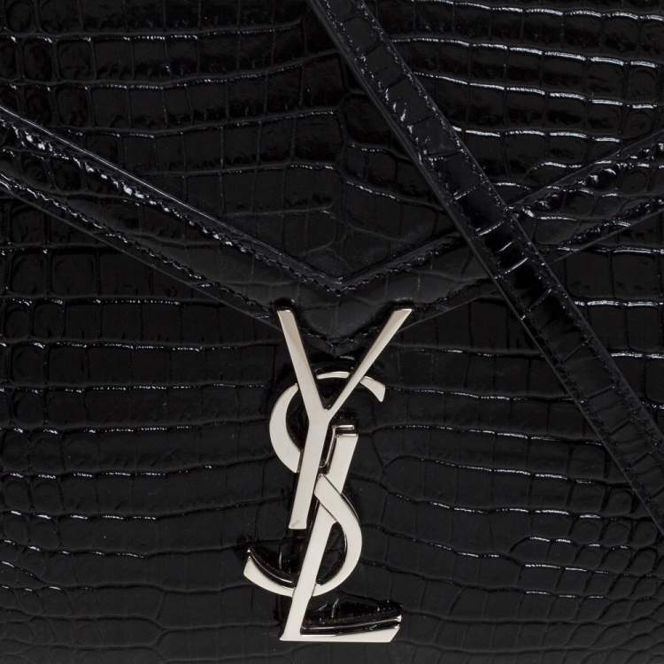 Pre Owned Saint Laurent Black Croc Embossed Leather Cassandra Top Handle Bag