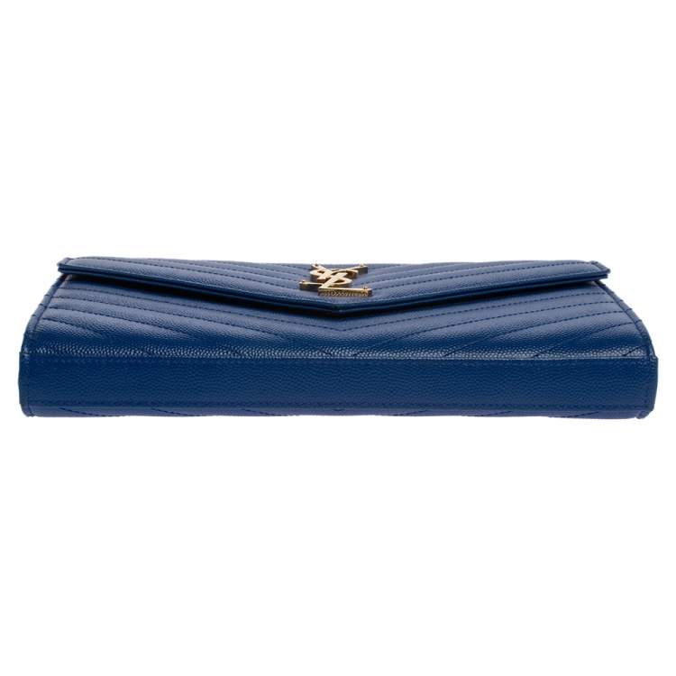 Pre Owned Saint Laurent Blue Matelasse Leather Monogram Envelope Wallet on Chain