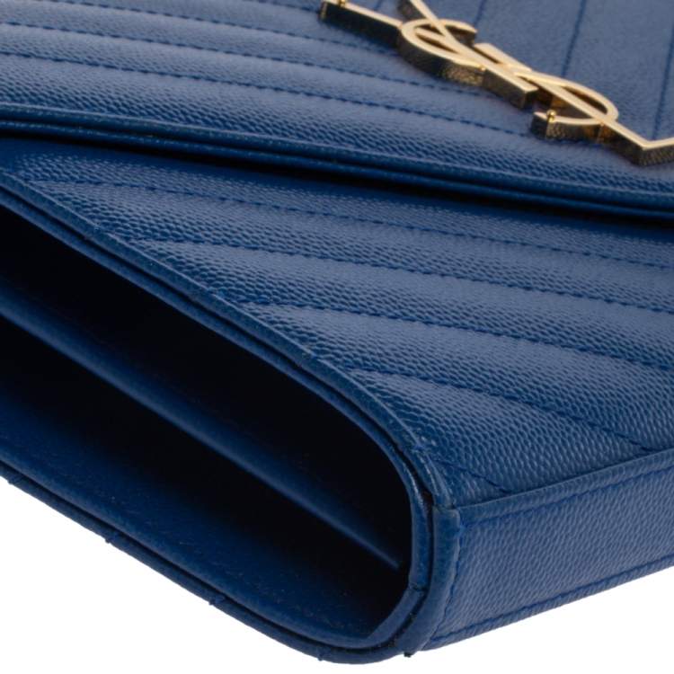 Pre Owned Saint Laurent Blue Matelasse Leather Monogram Envelope Wallet on Chain