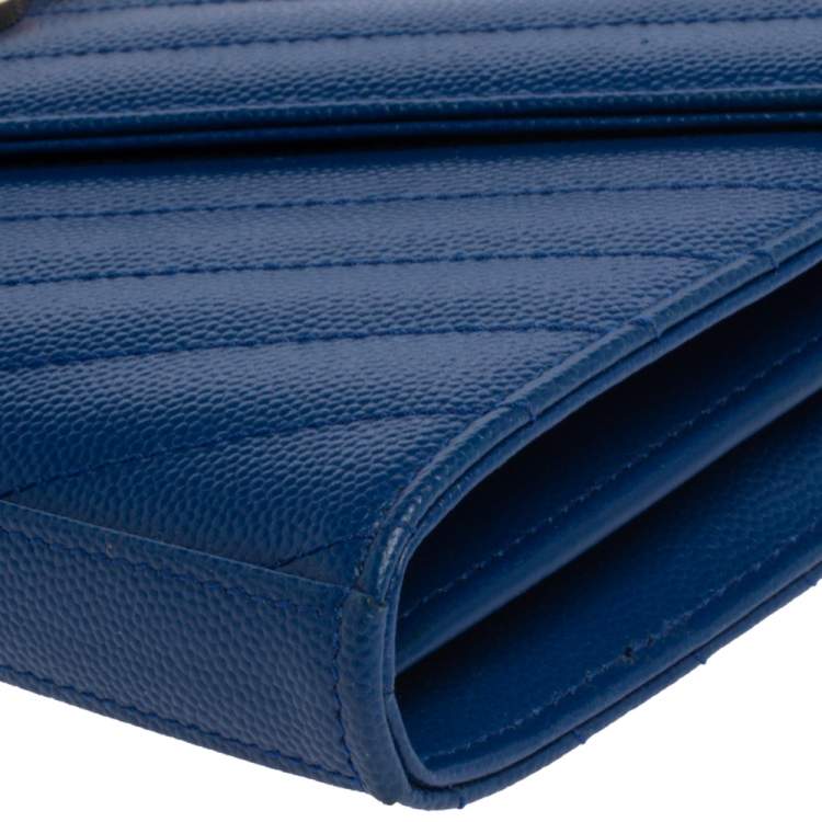 Pre Owned Saint Laurent Blue Matelasse Leather Monogram Envelope Wallet on Chain