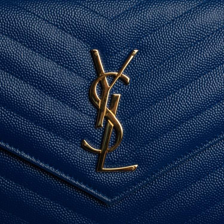 Pre Owned Saint Laurent Blue Matelasse Leather Monogram Envelope Wallet on Chain