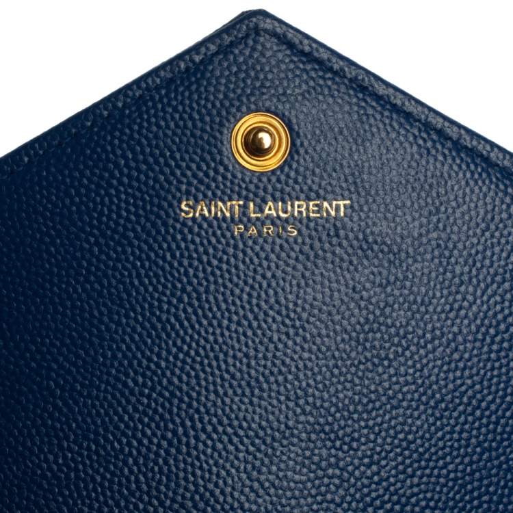 Pre Owned Saint Laurent Blue Matelasse Leather Monogram Envelope Wallet on Chain