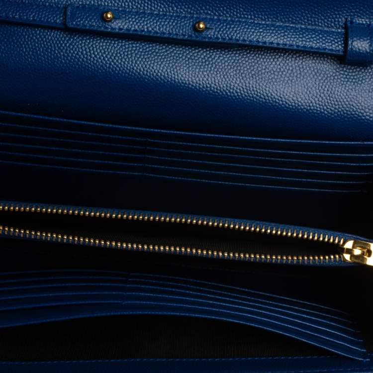 Pre Owned Saint Laurent Blue Matelasse Leather Monogram Envelope Wallet on Chain