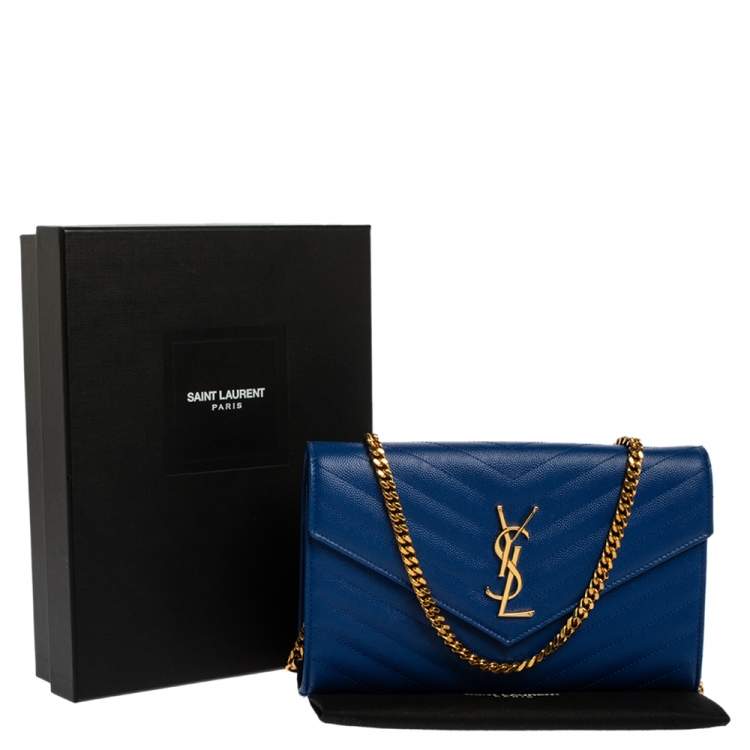 Pre Owned Saint Laurent Blue Matelasse Leather Monogram Envelope Wallet on Chain