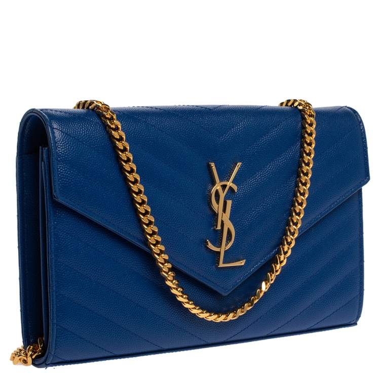 Pre Owned Saint Laurent Blue Matelasse Leather Monogram Envelope Wallet on Chain