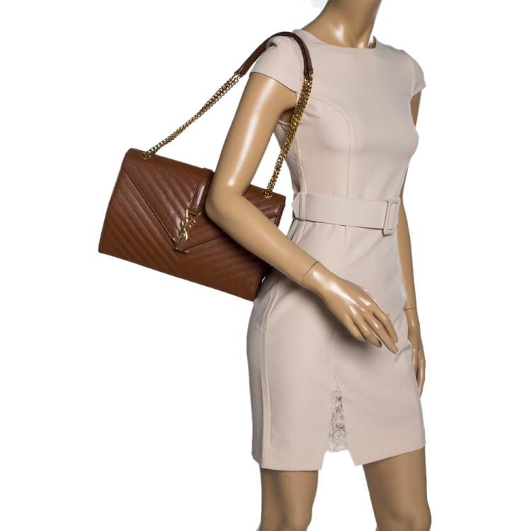 Pre Owned Saint Laurent Tan Matelasse Leather Large Cassandre Flap Bag