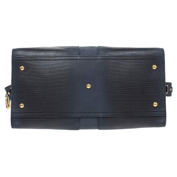 Pre Owned Yves Saint Laurent Navy Blue Lizard Embossed Leather Medium Cabas Y-Ligne Tote