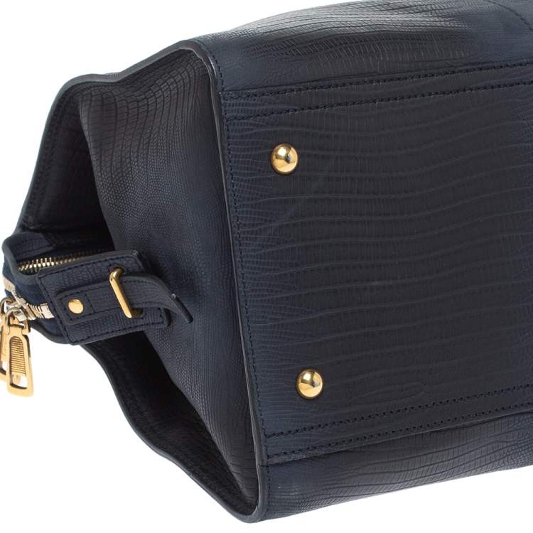 Pre Owned Yves Saint Laurent Navy Blue Lizard Embossed Leather Medium Cabas Y-Ligne Tote