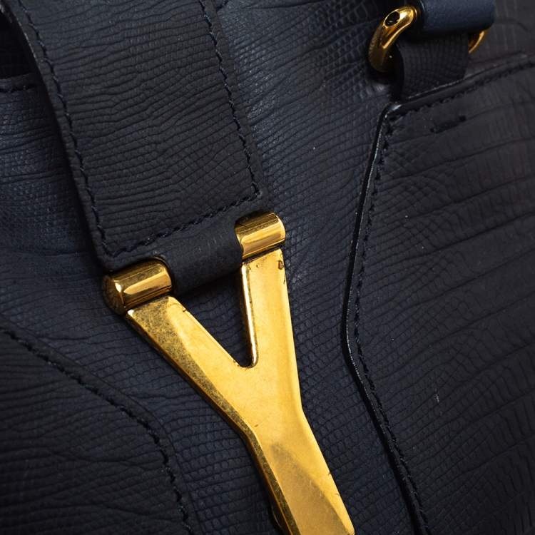 Pre Owned Yves Saint Laurent Navy Blue Lizard Embossed Leather Medium Cabas Y-Ligne Tote