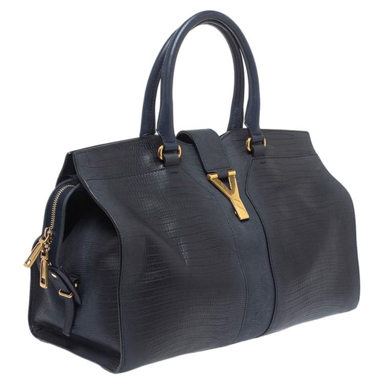 Pre Owned Yves Saint Laurent Navy Blue Lizard Embossed Leather Medium Cabas Y-Ligne Tote