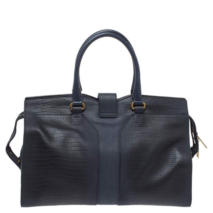 Pre Owned Yves Saint Laurent Navy Blue Lizard Embossed Leather Medium Cabas Y-Ligne Tote