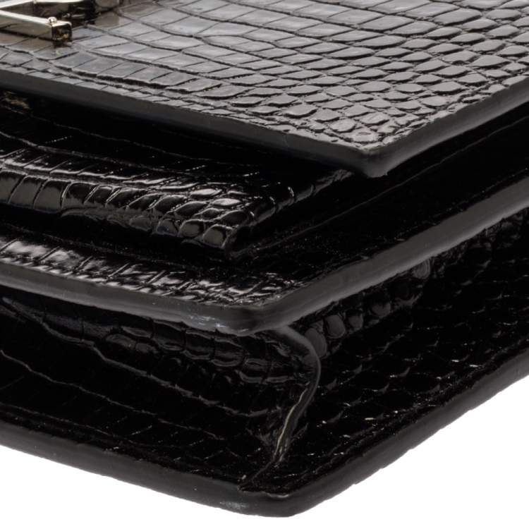 Pre Owned Saint Laurent Black Croc Embossed Leather Small Sunset Shoulder Bag
